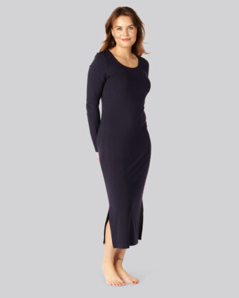 Navy Bambus Ribbet Langærmet Kjole Til Damer - Bambuni Jeans