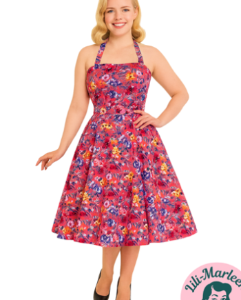 50r Kjole Swingkjole Miss Viola Sød Halterneck Kjole Stedmoderblomster - Jeans