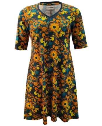 Blå Plus Size Kjole Tulla Retro Flower Teal - Amamiko Jeans