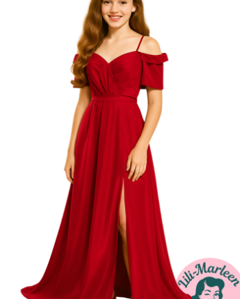 Festkjole Miss Red Diva Rød Chiffon Lang Galla Kjole Med Slids - Jeans