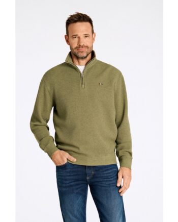 Grøn Sweatee Shirt Med Halv Lynlås Vaffelstruktur Oliven - Bison Shirt