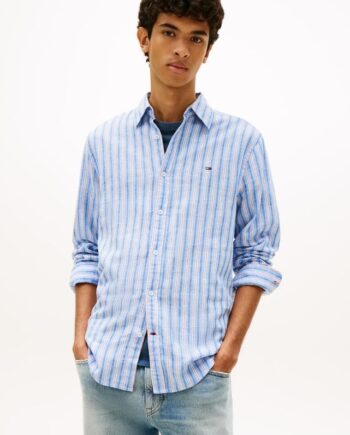 Blå Tjm Reg Linen Strp Shirt Ext - Tommy Jeans Shirt  - 8721337038369