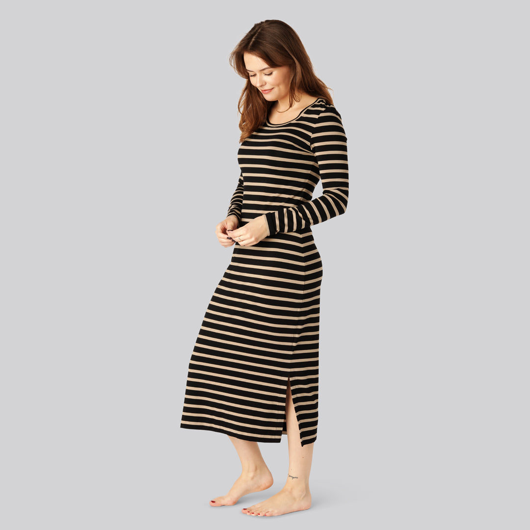 Sort/beige Bambus Stribet Langærmet Kjole Sort Beige Til Damer - Bambuni Jeans