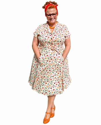 Cherry Picnic Vintage Kjole Med Kirsebærprint Bindebælte - Jeans