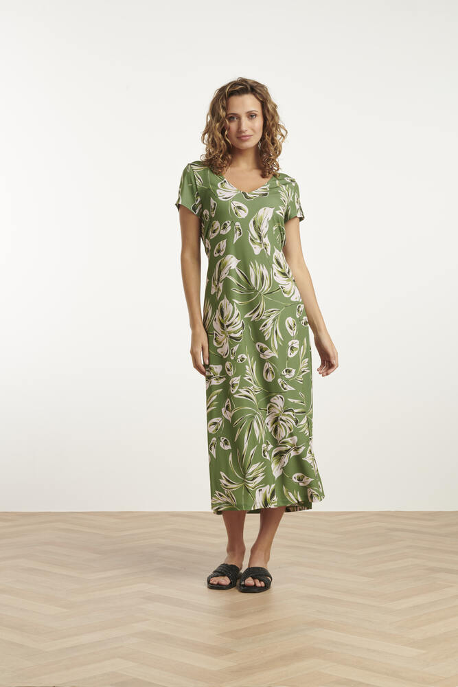 Grøn Midi Kjole Leaf Print Army Light Green Smashed Lemon - Smashed Lemon Jeans - 8720331334644