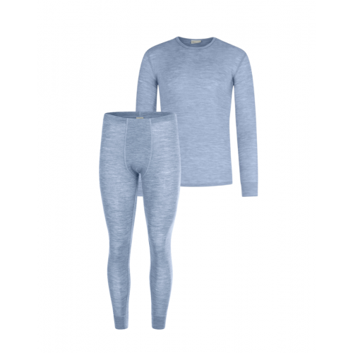 Herresæt 100 Merino Uld Langærmet Shirt Longjohns Light Blue Melange - Byhappyme Shirt - 5715701011433