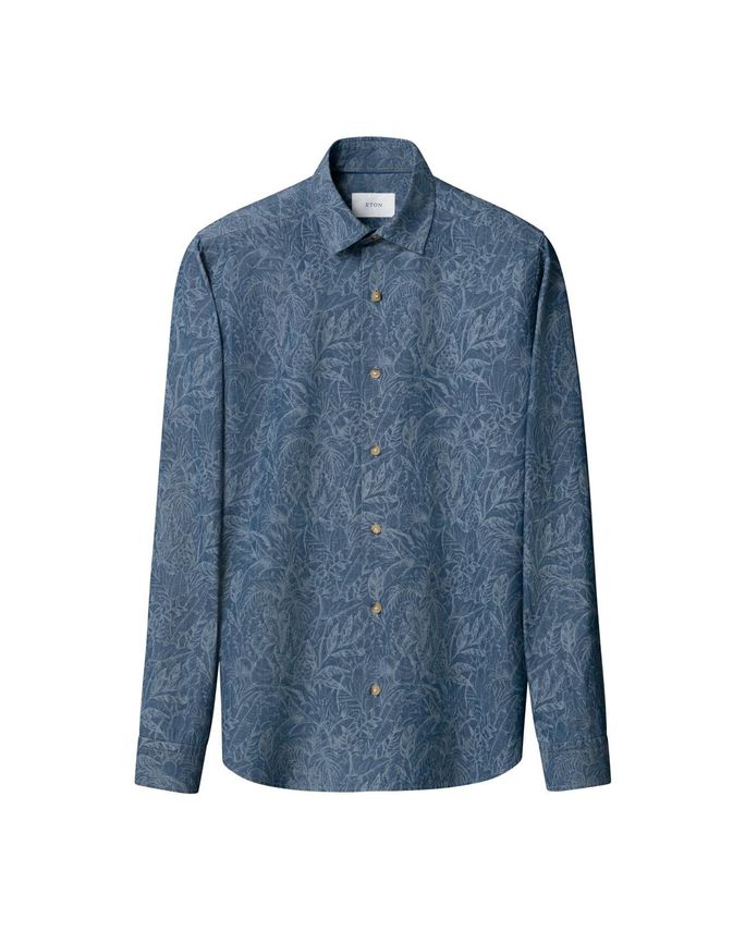 S Floral Denim Print Hirt - Eton Shirt - 7313584581722