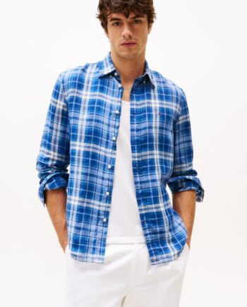 Blå Linen Medium Check Shirt - Tommy Hilfiger Shirt  - 8721106380774