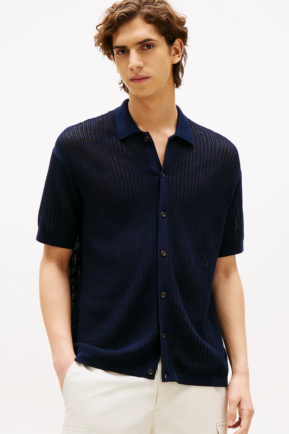 Blå Structure Open Knit Over Shirt - Tommy Hilfiger Shirt  - 8721186891092