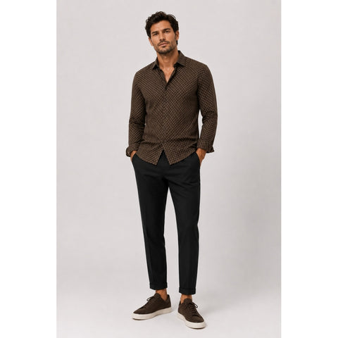 Dark Brown/Ecru Clean Formal Aop Stretch Shirt Dark Brown Ecru - Shirt - 5715528364644