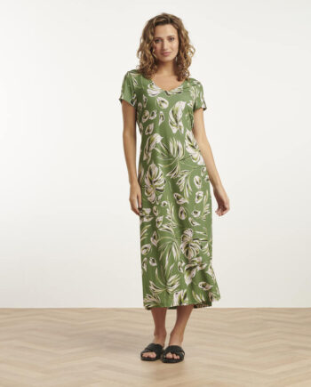 Grøn Midi Kjole Leaf Print Army Light Green Smashed Lemon - Smashed Lemon Jeans  - 8720331334644