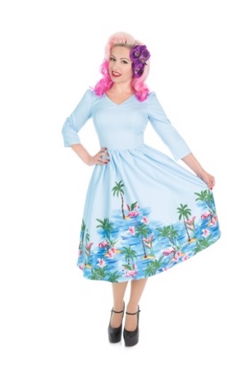 50r Kjole Swingkjole Miss Mille Smuk Kjole Lyseblå Med Flamingo - Jeans