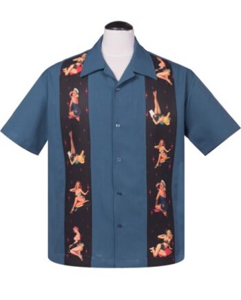 Kortærmet Skjorte: Bowling Shirt Steady Clothing Pinup Panel Bowling Shirt Blue - Shirt