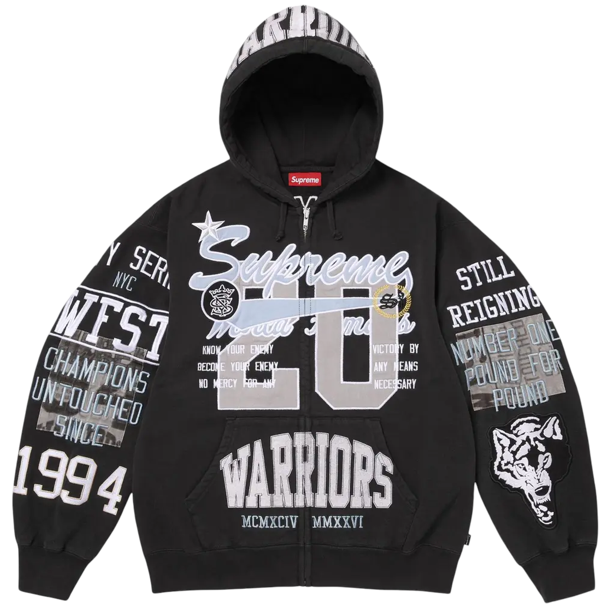 Sort Supreme Warriors Applique Zip Hooded Sweatee Shirt Black - Supreme Shirt  - 0199310097227