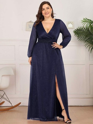 Lang Gallakjole Nadine Smuk Navy Lang Kjole Med ærmer - Jeans