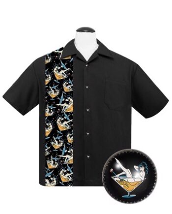 Sort Kortærmet Skjorte: Bowling Shirt Steady Clothing All Over Martini Print Panel Black - Shirt