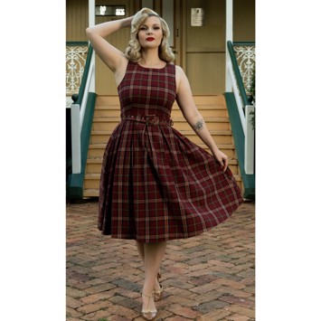Miss Annie Burgundy Tartan Smuk Mørk Rød Kjole Med Tern - Jeans