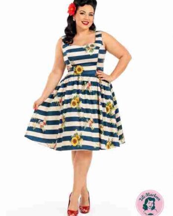 Miss Seaside Sunflower Vintage Kjole Med Navy Striber Solsikker - Jeans