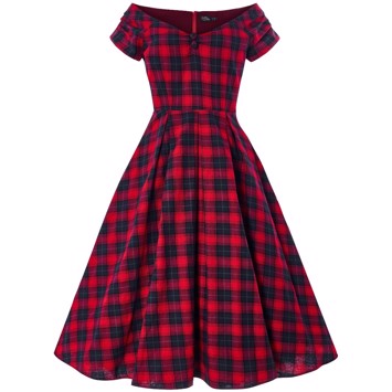 Miss Lily Red Tartan Smuk Rød Navy Ternet Kjole - Jeans