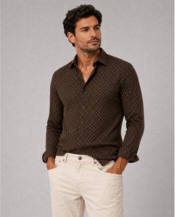 Dark Brown/Ecru Clean Formal Aop Stretch Shirt Dark Brown Ecru - Shirt  - 5715528364644