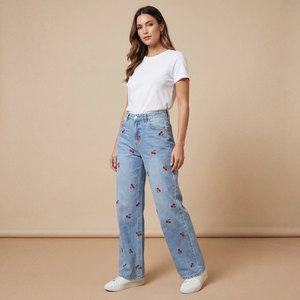 Lækre Jeans Med Kirsebærbroderi Til Kvinder - Jeans