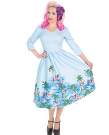 50r Kjole Swingkjole Miss Mille Smuk Kjole Lyseblå Med Flamingo - Jeans