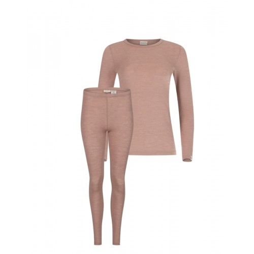 Damesæt 100 Merino Uld Langærmet Shirt & Leggings 1x1 Rib Soft Rose - Byhappyme Shirt - 5715701017138
