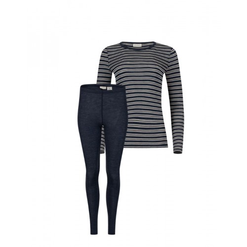 Damesæt 100 Merino Uld Langærmet Shirt & Leggings 1x1 Rib Nature Navy Melange - Byhappyme Shirt - 5715701017138