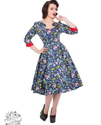 Miss Oxford Blue Ella Smuk Blomstret Swingkjole Smuk Blå Kjole Med Hav Smukke Blomster - Jeans