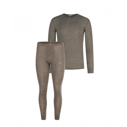 Herresæt 100 Merino Uld Langærmet Shirt Longjohns 1x1 Rib Light Brown Melange - Byhappyme Shirt - 5715701011235