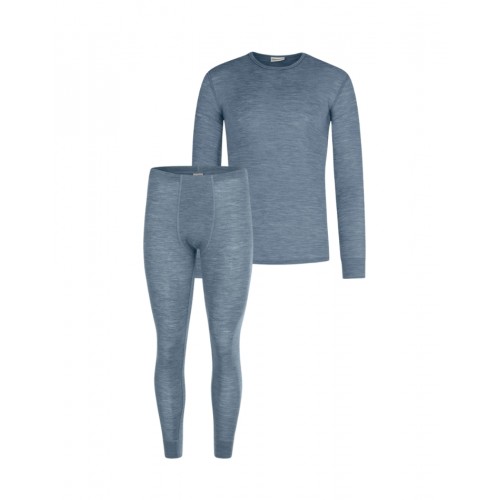 Herresæt 100 Merino Uld Langærmet Shirt Longjohns 1x1 Rib Blue Melange - Byhappyme Shirt - 5715701011235