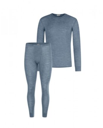 Herresæt 100 Merino Uld Langærmet Shirt Longjohns Blue Melange - Byhappyme Shirt  - 5715701011433