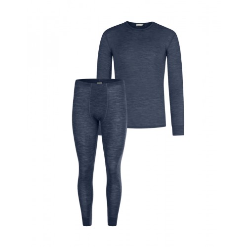 Herresæt 100 Merino Uld Langærmet Shirt Longjohns Navy Melange - Byhappyme Shirt - 5715701011433