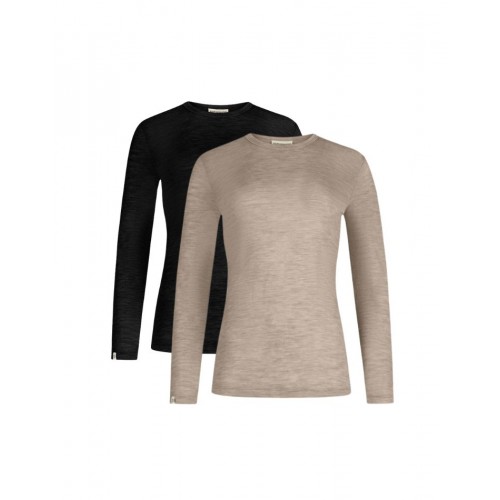 Sort Langærmet Shirt Til Dame 100 Merino Uld 1x1 Rib Pak Black Beige Melange - Byhappyme Shirt - 5715701010801