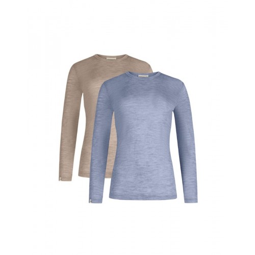 Langærmet Shirt Til Dame 100 Merino Uld 1x1 Rib Pak Light Blue Beige Melange - Byhappyme Shirt - 5715701010801