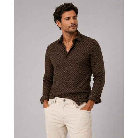 Dark Brown/Ecru Clean Formal Aop Stretch Shirt Dark Brown Ecru - Shirt  - 5715528364644