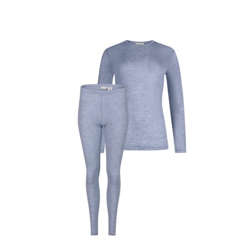 Damesæt 100 Merino Uld Langærmet Shirt & Leggings 1x1 Rib Light Blue Melange - Byhappyme Shirt - 5715701017428