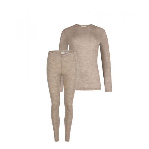 Damesæt 100 Merino Uld Langærmet Shirt & Leggings 1x1 Rib Beige Melange - Byhappyme Shirt - 5715701017428